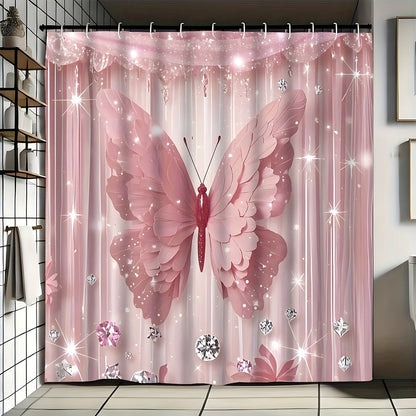 Butterfly-Print Shower Curtain with Four Colors and Single-Curtain or Four-Piece Bathroom Set Options