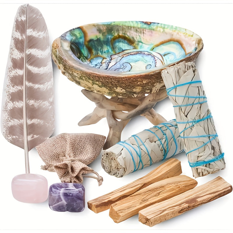 White Sage Smudge Kit 11pcs, 2 White Sage Bundles, 3 Palo Santo Sticks, Abalone Shell with Stand