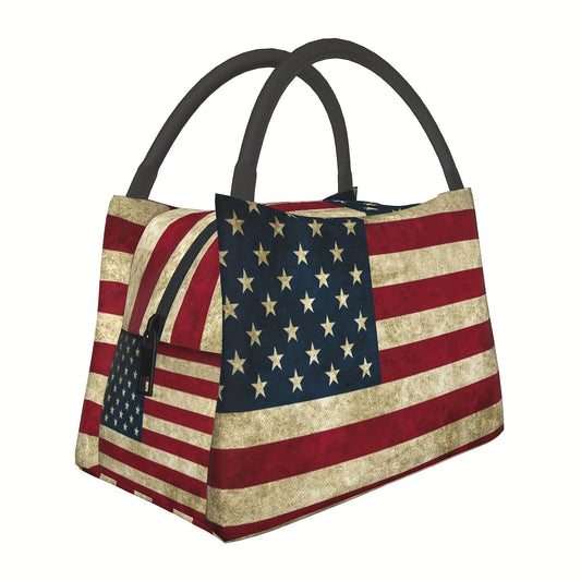 Retro Insulated Lunch Cooler Bag 11"x6.3"x6.7" Portable Reusable Independence Day Themed Leakproof Lunch Box for Camping Picnic Beach Office