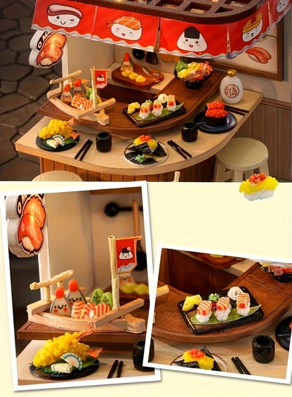 DIY Wooden Tiny House Kit with Dust Cover, Handmade Miniature Dollhouse Puzzle, 3 Themes Afternoon Tea Rotating Food House Moon Magic