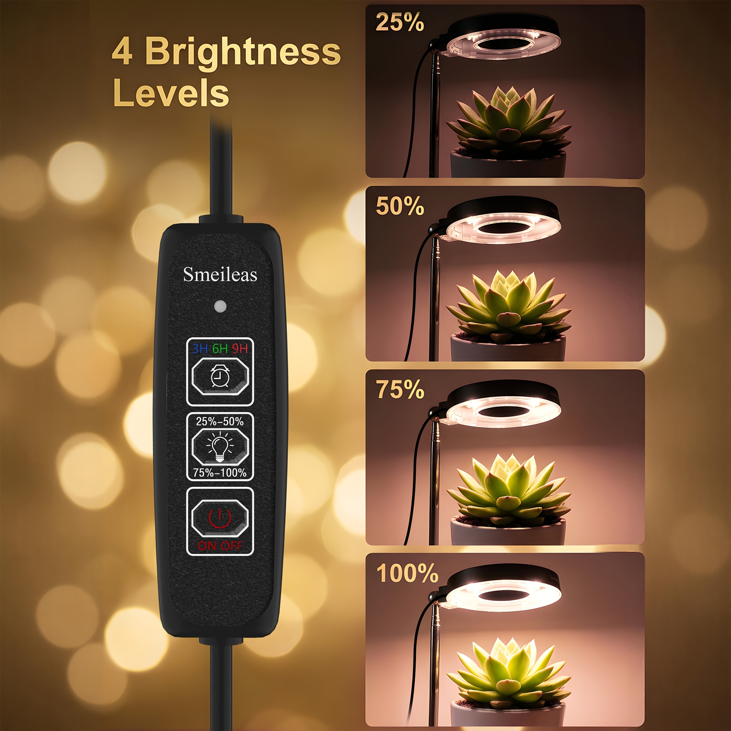 Four-Piece Tabletop Ring LED Plant Lamp Set with USB 3/6/9H Timer, Adjustable Poles and Bases