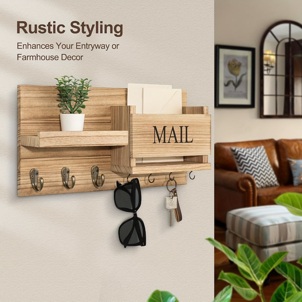 Wall Mounted Storage Rack with Mail Slot – Rustic Wood Floating Shelf with Hooks for Keys, Hats & Envelopes