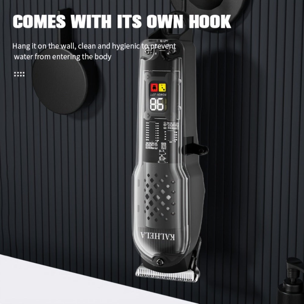 Transparent Electric Hair Clipper with Digital Display, Four Guide Combs, Grooming Tools and Red, Black or Blue Finish