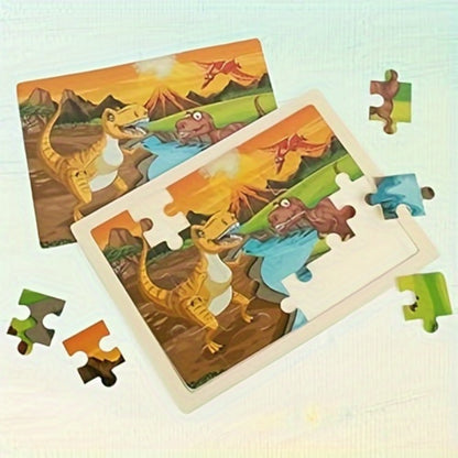 Dinosaur Puzzle Set for Kids Ages 3-8 Wooden 4-in-1 Jigsaw with 24 Pieces Each, Colorful Preschool Educational Toy for Boys & Girls