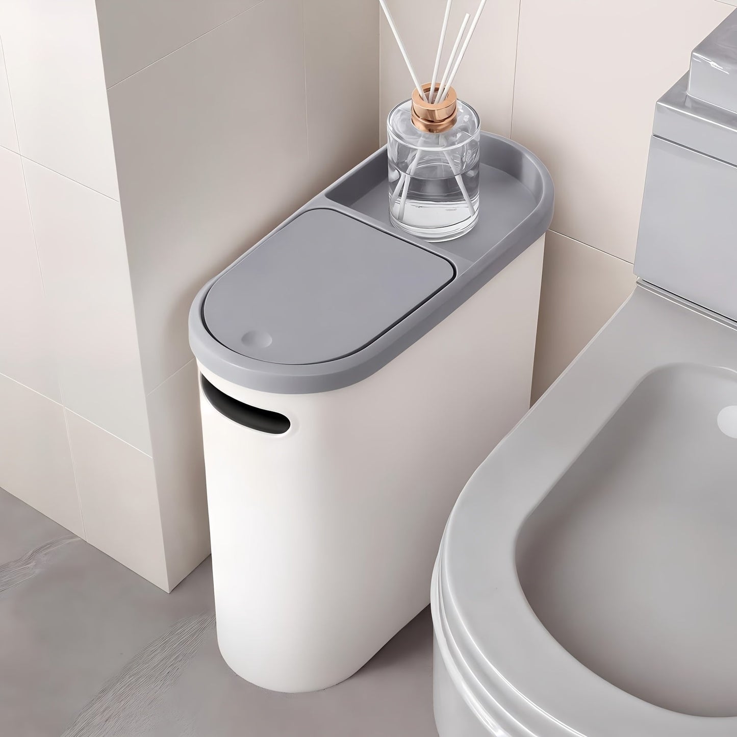 Slim 10L Bathroom Wastebasket with Lid Tray, Built-In Side Handles and Single or Two-Piece Options