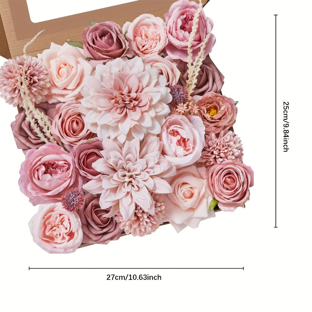 Pink Rose Dahlia Faux Flowers Box - Realistic PE Foam Artificial Flowers with Wire Stems for Entryways, Bedrooms and Living Spaces