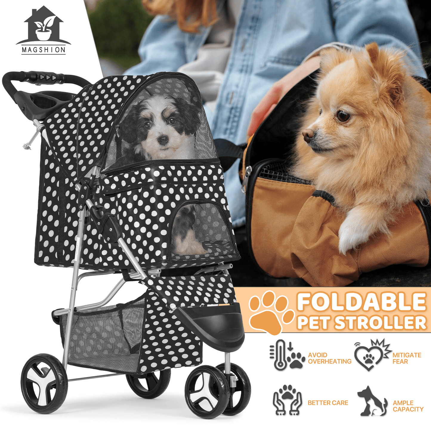 Pet Jogger Stroller 3-Wheel for Small & Medium Dogs & Cats up to 33 lbs – Foldable Oxford Waterproof Dog Cat Pram with 360° Swivel Wheels