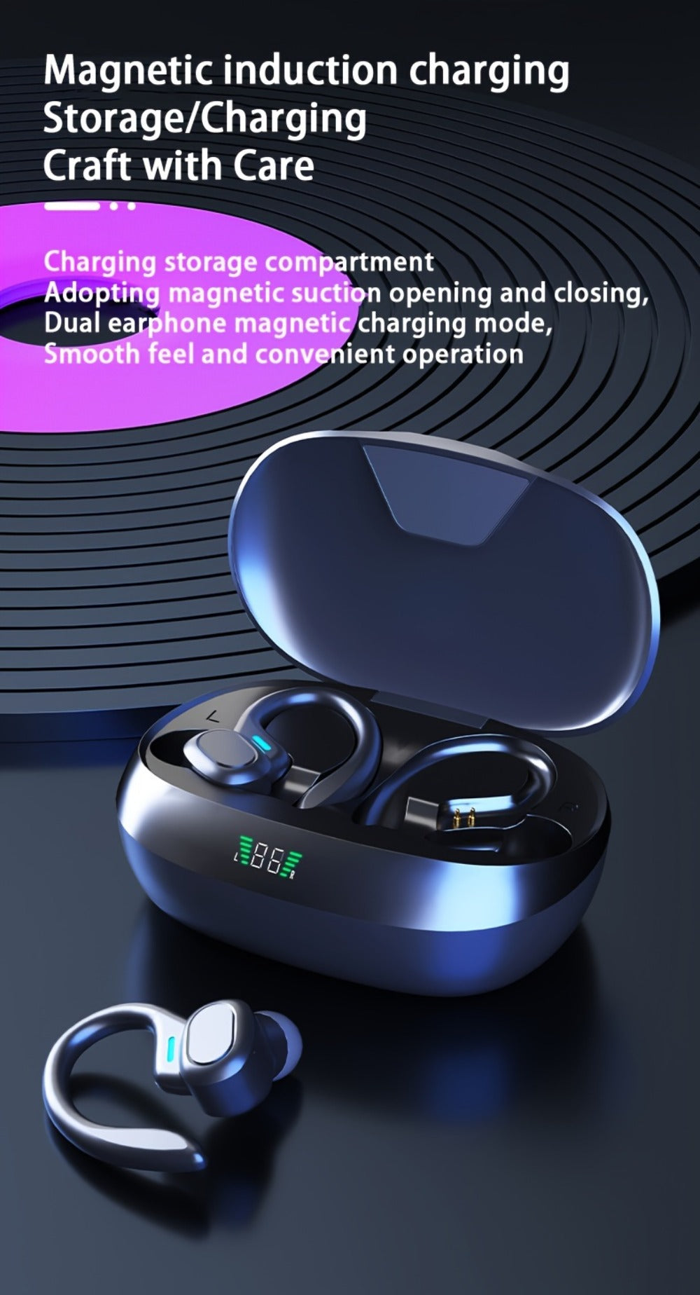 Wireless Earbuds Bluetooth 5.4 Open-Ear Sport Hooks with LED Charging Case in Black or Pale Red