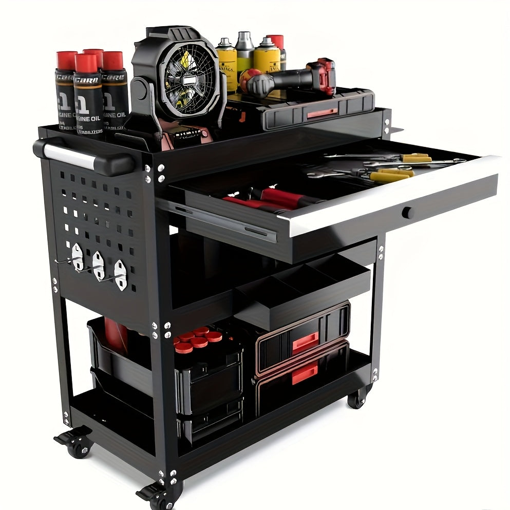 Rolling Tool Cart 3-Tier Pegboard Organizer Locking Drawer 4 Swivel Casters for Garage Workshop Mechanics Black Yellow