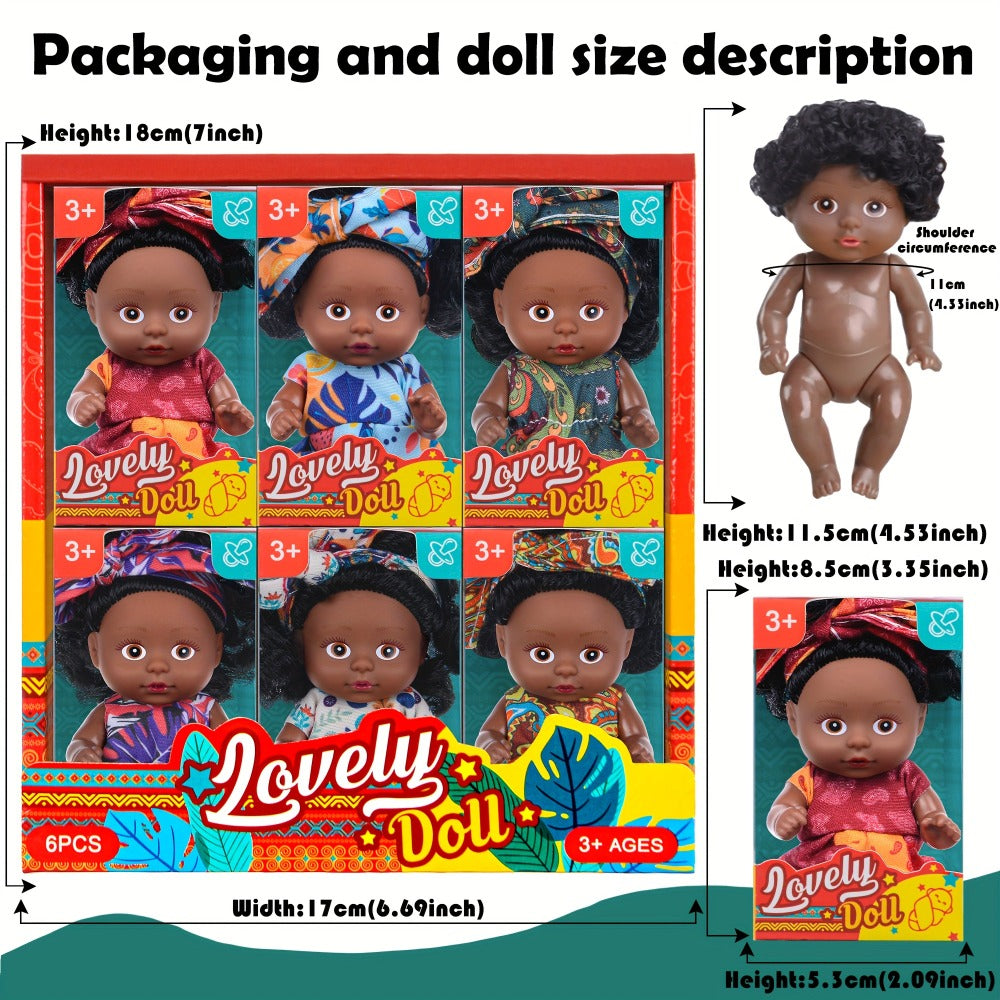 Miniature Girl Doll Set 6 Pcs 4 Inch Articulated Arms & Legs, Colorful Outfits Printed Headscarf