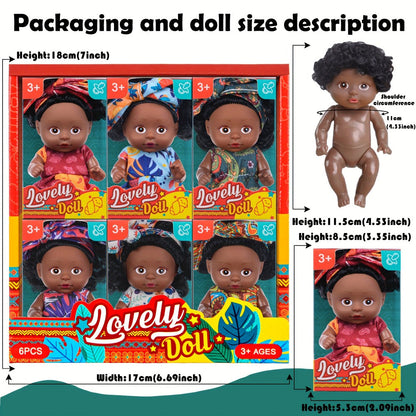 Miniature Girl Doll Set 6 Pcs 4 Inch Articulated Arms & Legs, Colorful Outfits Printed Headscarf