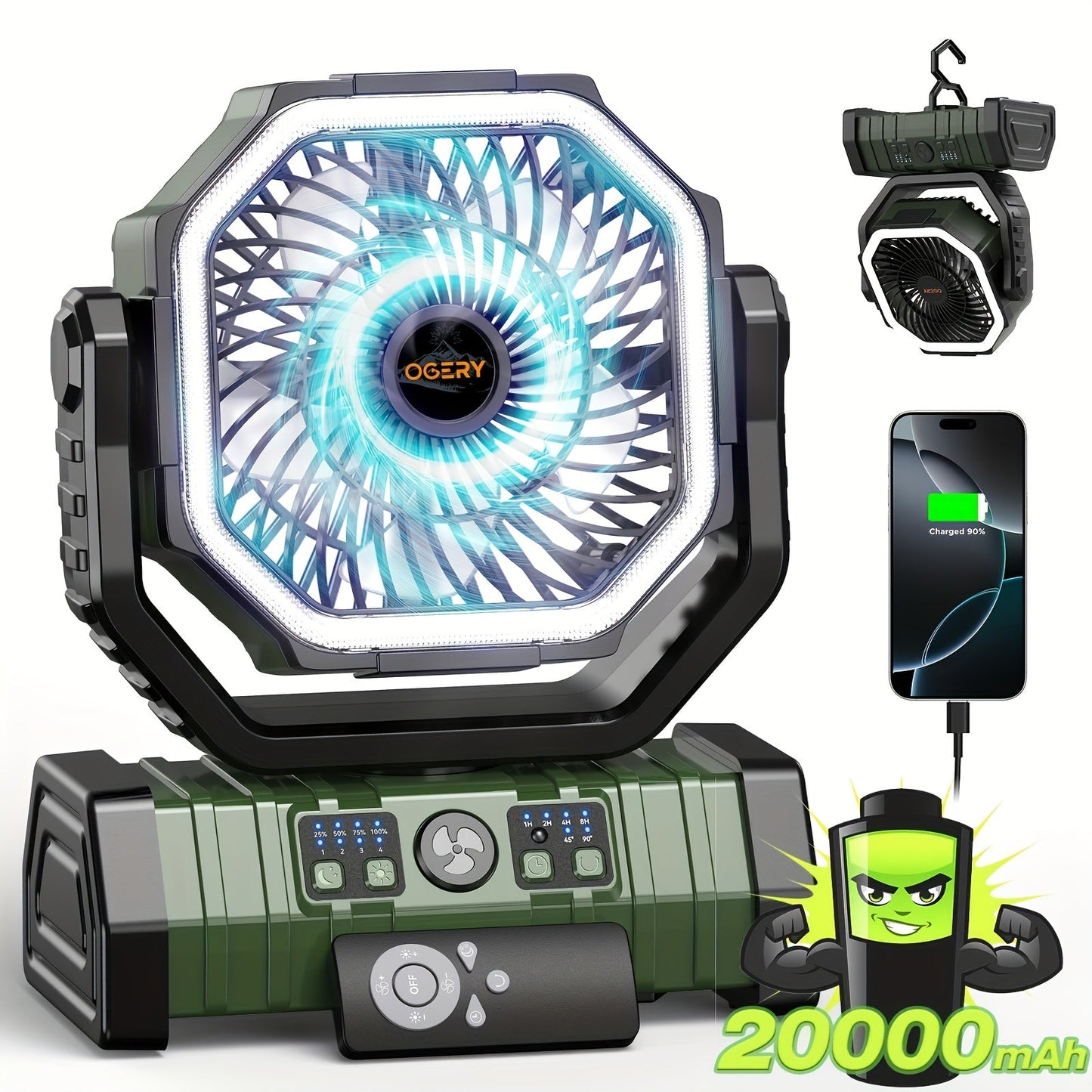20000mAh Portable Camping Fan with LED Lantern – Rechargeable, 4-Speed, Oscillating, Remote & Timer Control | Tent, Travel, RV