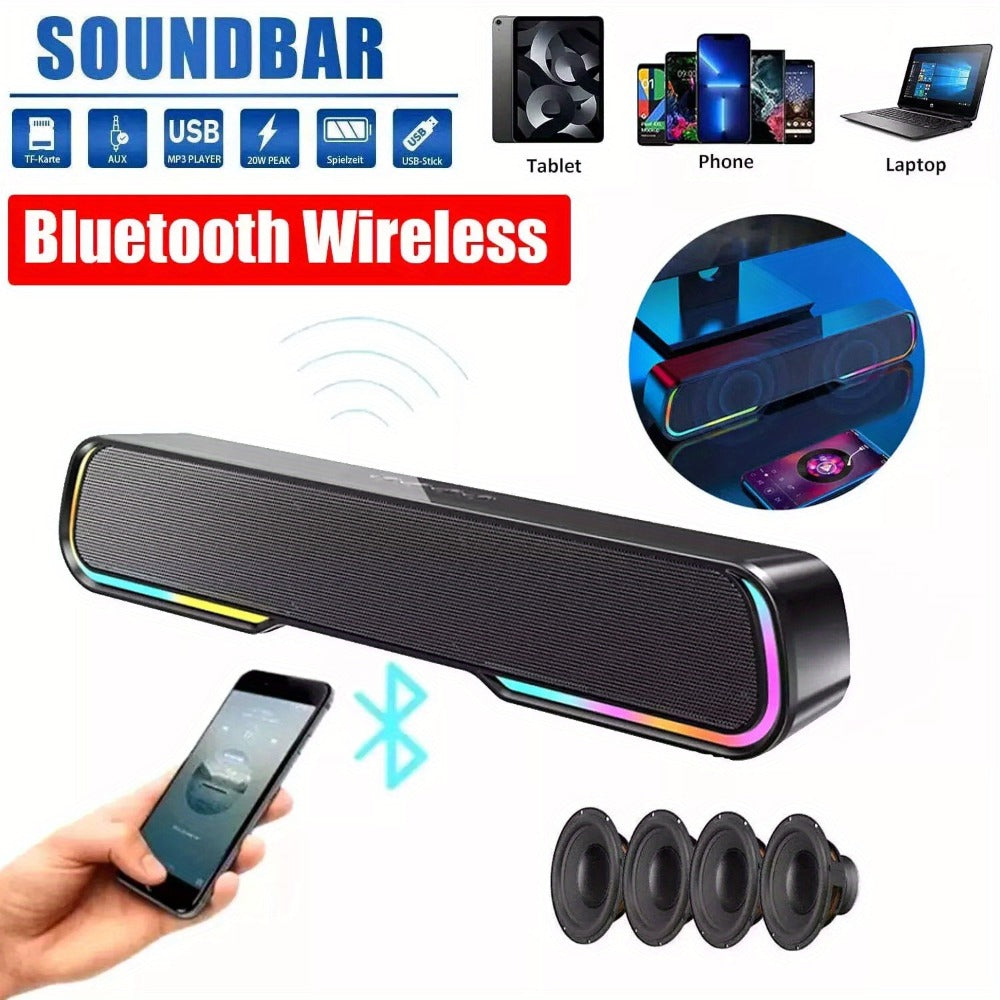 HiFi Soundbar with Subwoofer and RGB Lights, Bluetooth 5.0 Home Theater Speaker, FM Radio TF Card USB AUX TWS