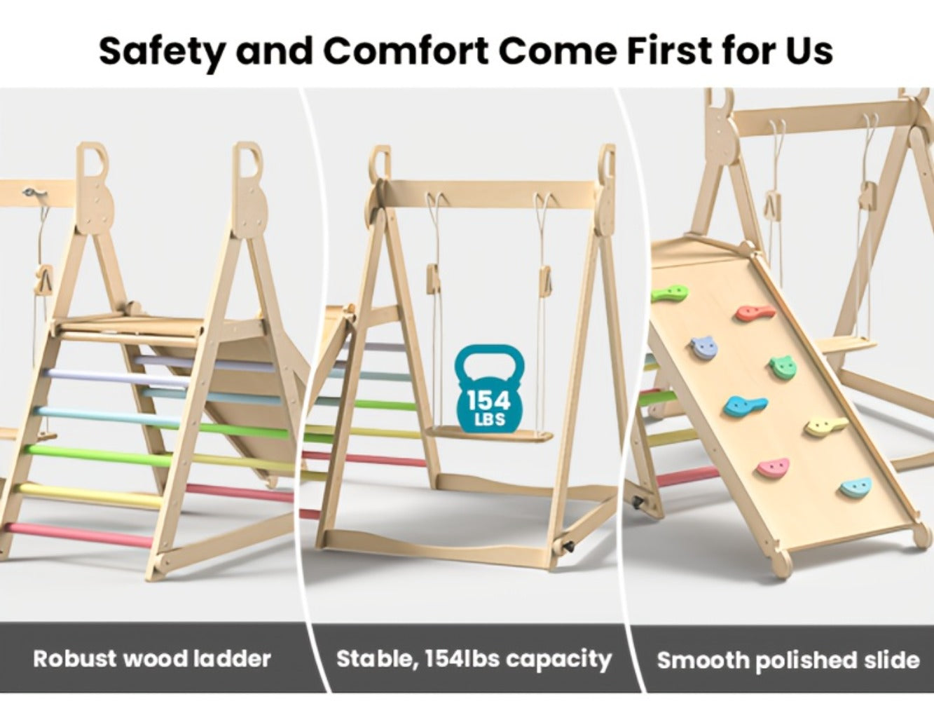 Foldable Indoor Wooden Jungle Gym for Toddlers, 4-in-1 Climbing Frame with Swing, Slide & Ladder