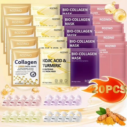 Bio-Collagen Powerful Moisturizing Face Mask Set 20pcs | Deep Hydration Anti-Aging Skincare for Dry Dull Sagging Skin | Facial Masks for Men