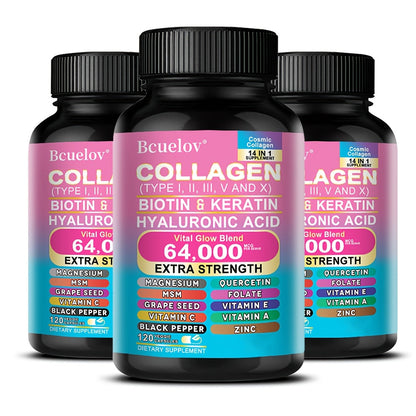 Collagen Capsules Types I II III V X with Biotin Keratin Hyaluronic Acid, Supports Skin Elasticity Hair Growth & Nail Strength
