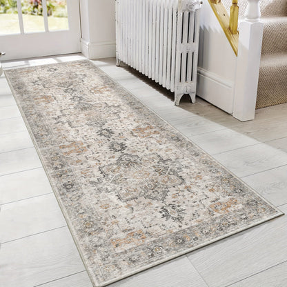Area Rug Vintage Chenille Print in Light Taupe Brown with Eight Runner and Room Size Options