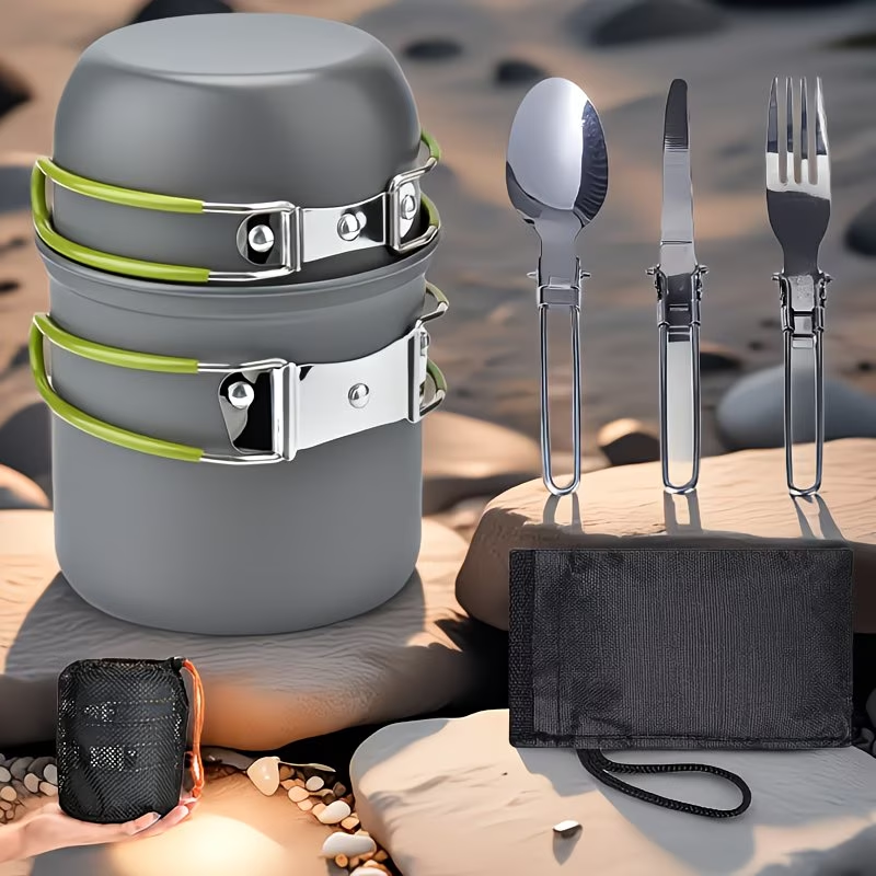 Portable Camping Cookware Set with Double Pot & Utensils – Lightweight Open Fire Cooking Kit with Forks Knives Spoons