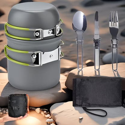 Portable Camping Cookware Set with Double Pot & Utensils – Lightweight Open Fire Cooking Kit with Forks Knives Spoons