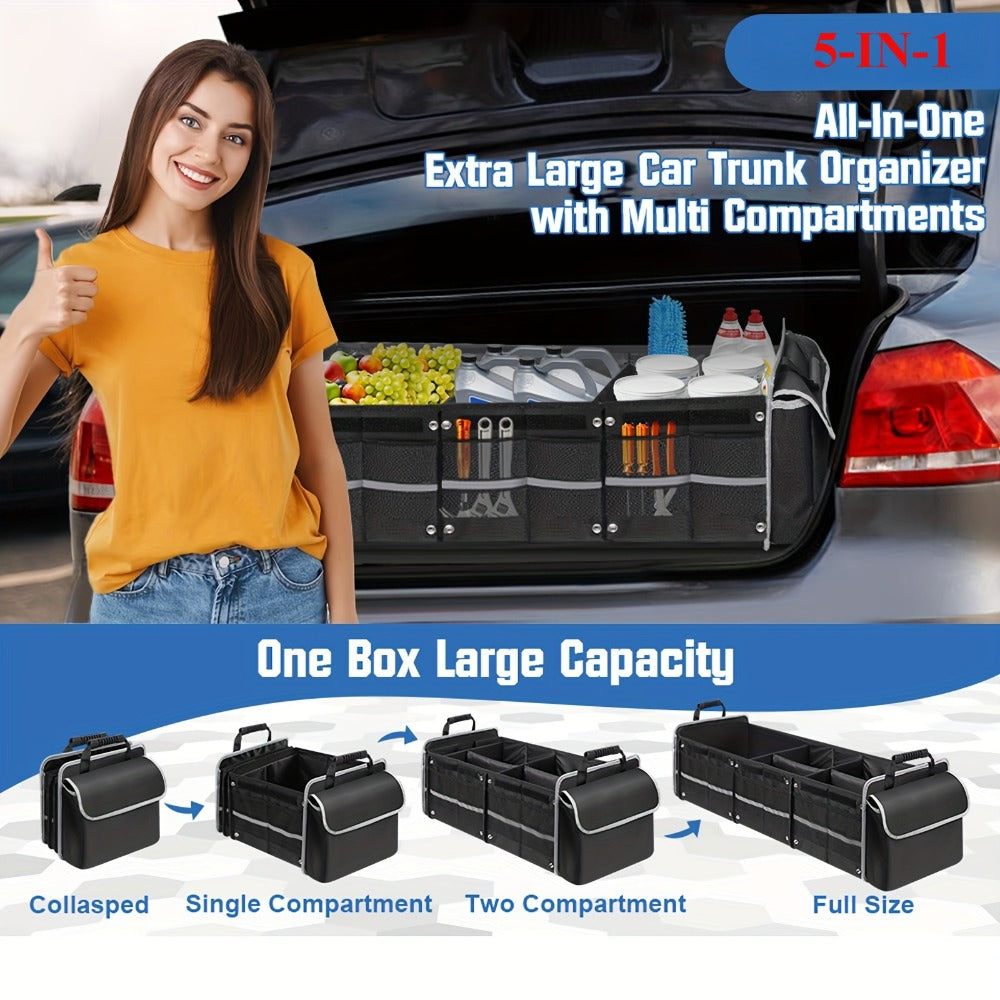 Collapsible Car Trunk Organizer with Three Compartments, Removable Dividers, Lid and Tie-Down Straps