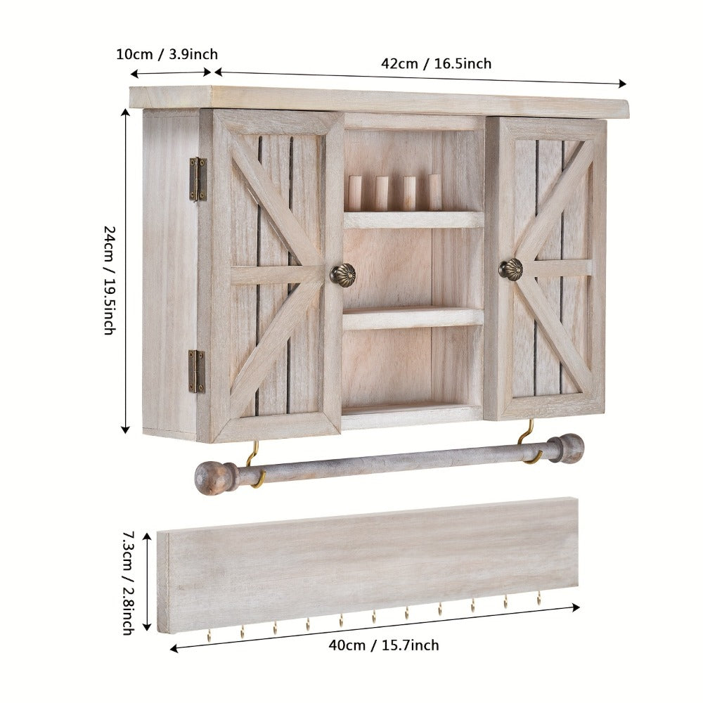 Jewelry Organizer Rustic Wall-Mounted Wood Shelf with Removable Bracelet Rod, Necklace Hooks and Ring Slots
