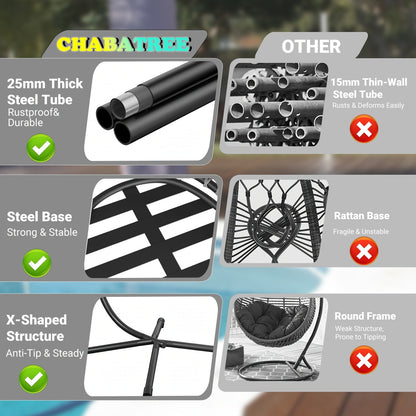 Outdoor Egg Chair with Stand Rattan Wicker Hanging Swing Hammock Chair Thickened Aluminum Frame UV-Resistant Cushion 350LBS Capacity Patio