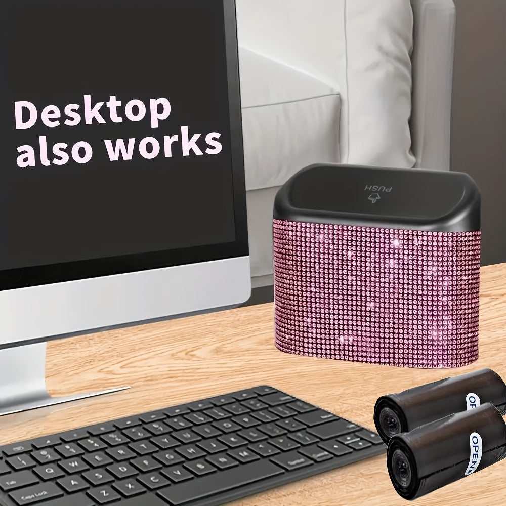 Rhinestone Push-Lid Car Trash Bin with Two Liner Bags, Black or Silver Finish and 16 cm Width