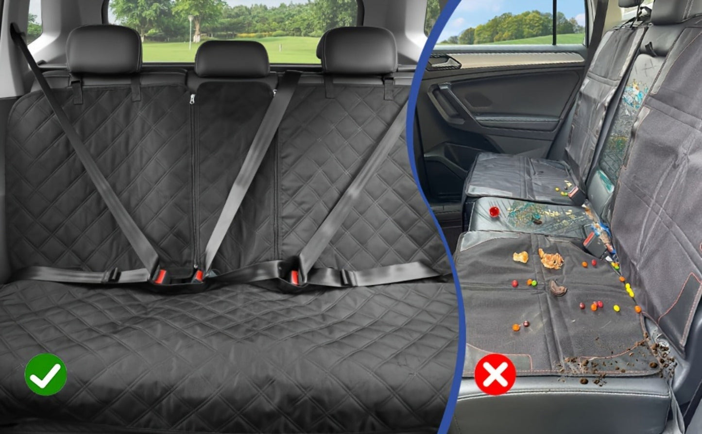 Black Quilted Rear Bench Car Seat Cover with Side Flaps and M, L or XL Three-Seat Vehicle Size Labels