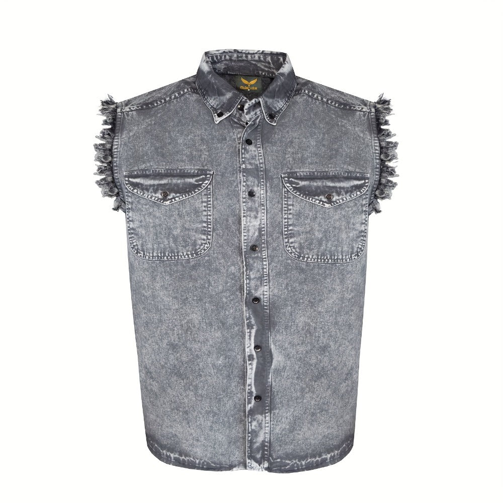 Men's Sleeveless Shirt – Fringe Hem Crew Neck Tank Top, Stonewash Cotton, Regular Fit for Streetwear, Beach & Vacation, Sizes M–XXXXL