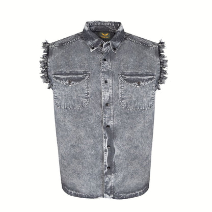 Men's Sleeveless Shirt – Fringe Hem Crew Neck Tank Top, Stonewash Cotton, Regular Fit for Streetwear, Beach & Vacation, Sizes M–XXXXL