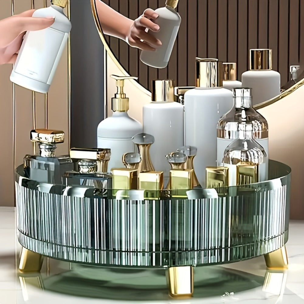 Round Rotating Makeup Organizer Tray with Ribbed Sides and Gold-Tone Feet in White, Green or Orange