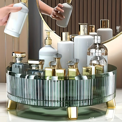 Round Rotating Makeup Organizer Tray with Ribbed Sides and Gold-Tone Feet in White, Green or Orange