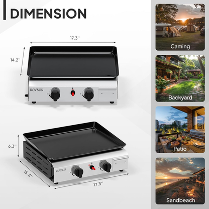 Flat Top Griddle Propane Tabletop 2 or 4 Burner, 20000 BTU Portable Gas Grill with Nonstick Enamel Tray