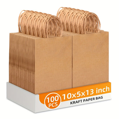 Large Brown Kraft Paper Gift Bags 100-Piece Pack with Handles in 13 x 10 x 5 Inch Size for Gift Wrapping
