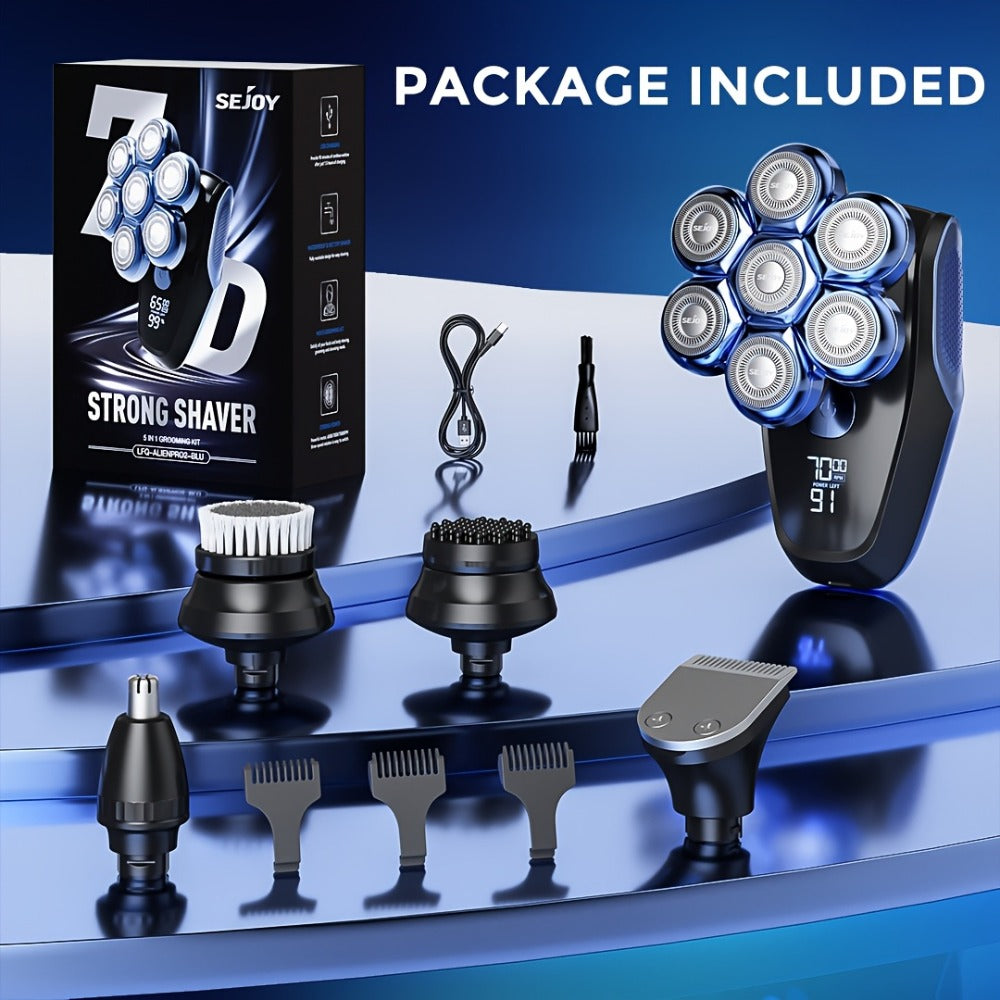 7D Head Shaver Bald Men 5-in-1 Waterproof Wet Dry Electric Razor – Type-C Rechargeable 6500-7500RPM Rotary Grooming Kit with Nose Hair