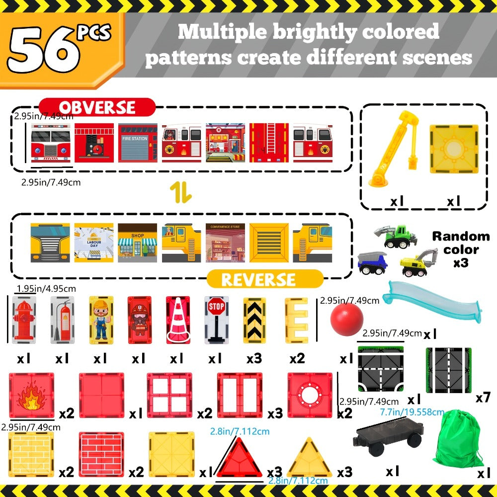 Magnetic Tiles 56-Piece Fire Station Building Set with Road Panels, Crane, Ramps and Vehicle Pieces