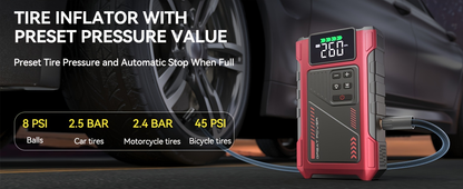 Jump Starter with Air Compressor 5000A Peak 150PSI Tire Inflator 5-in-1 Portable Car Battery Jump Pack for Garden, Patio and Yard Use