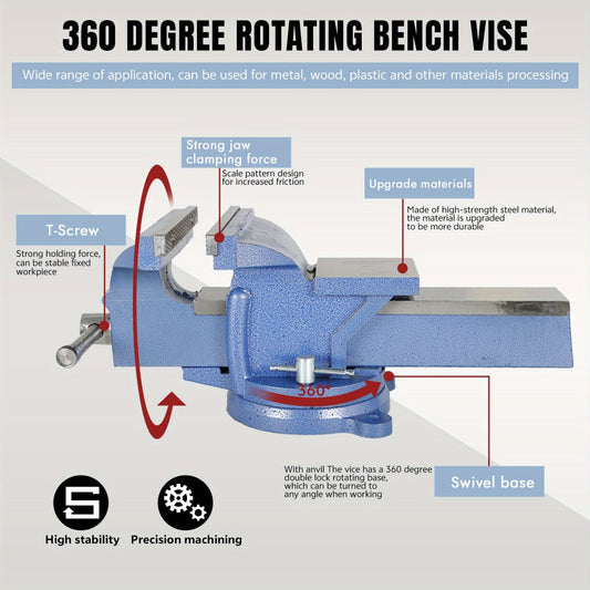 Bench Vise 5-Inch 360-Degree Swivel Base – Heavy-Duty Cast Iron Tabletop Vise with Pipe Jaws & Anvil, Locking Mechanics Clamp
