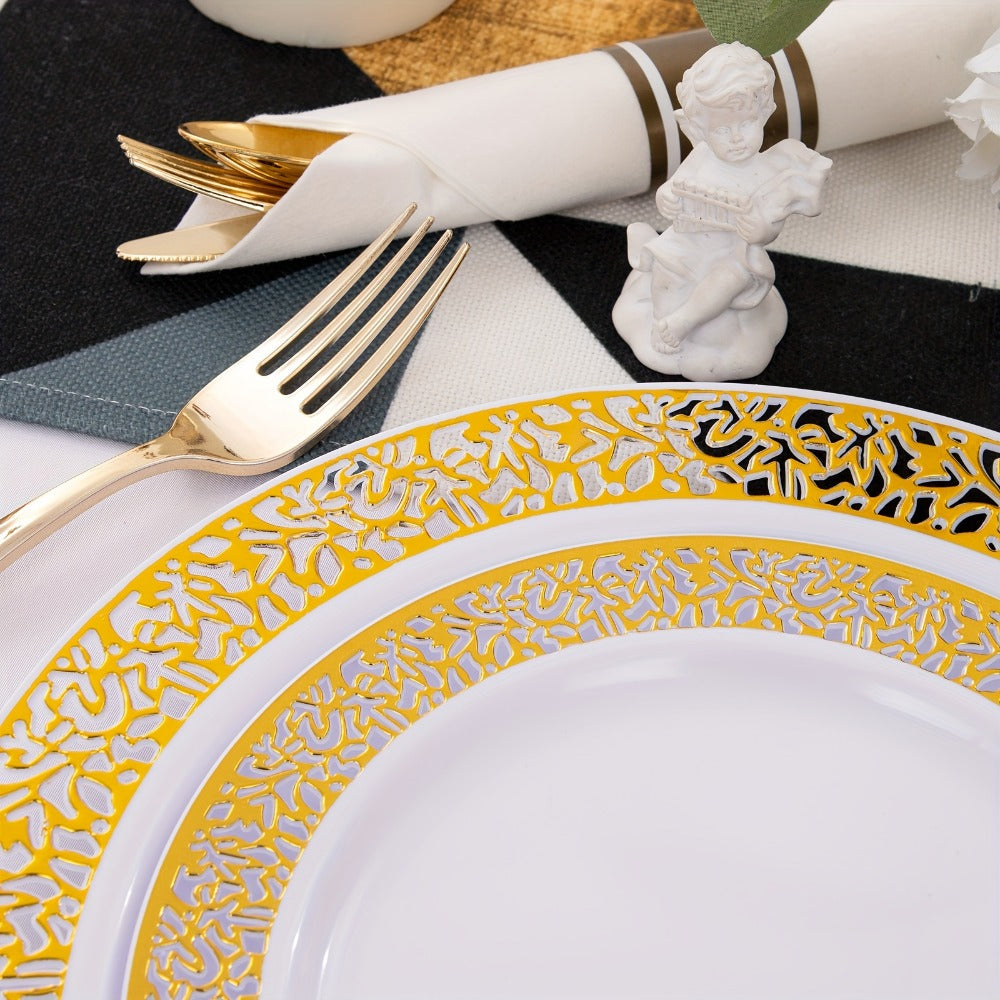 Gold Disposable Dinnerware Set for 50 Guests 350pcs, Includes Dinner Plates, Dessert Plates, 9oz Cups with Gold Rim