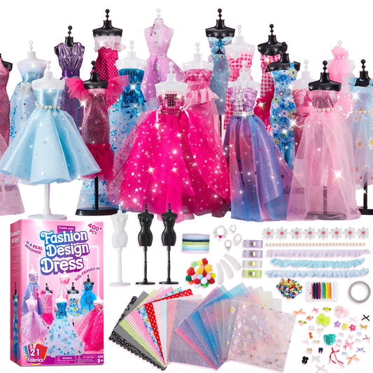 Fashion Design Kit for Girls 400+ Pieces, 3 Mannequins 21 Fabrics Ribbons Trims No-Sew DIY Dress Up Craft Set