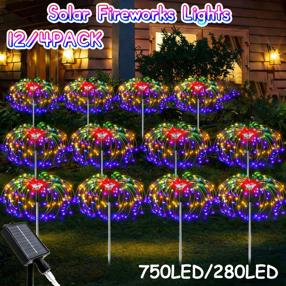 Solar Garden Light Firework Stakes with 8 Modes, 4 or 12-Pack Choices and White or Multicolor LEDs