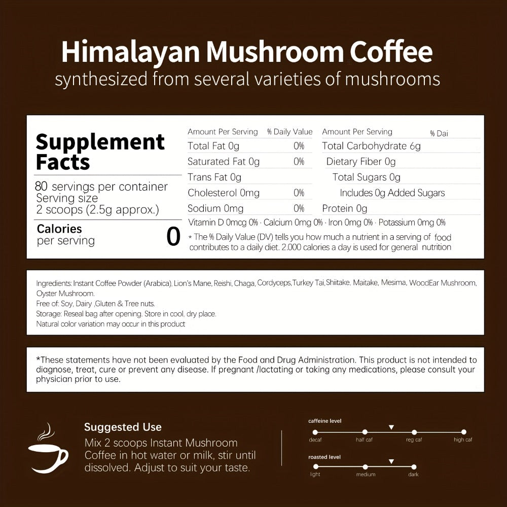 Instant Mushroom Coffee Powder 7oz with Lion's Mane Chaga Reishi Cordyceps Turkey Tail Arabica