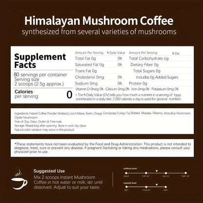Instant Mushroom Coffee Powder 7oz with Lion's Mane Chaga Reishi Cordyceps Turkey Tail Arabica