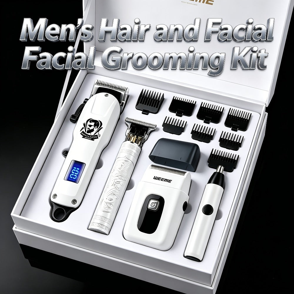 Zinc Alloy Men's Grooming Kit – USB Rechargeable Hair Clipper, Nose Trimmer, Electric Shaver & Detail Trimmer Set, 3500mAh Battery