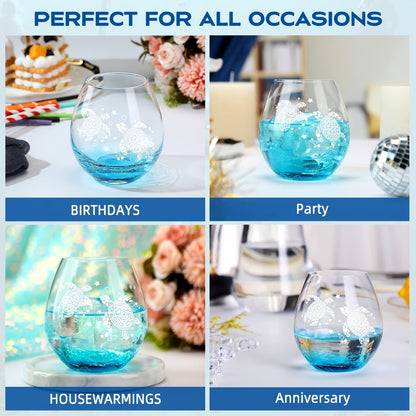 Sea Turtle Wine Glass Hand Etched Stemless 16oz Turquoise Crystal Glass Cup – Unique Wine for Home Cooking, Dining and Outdoor Meals