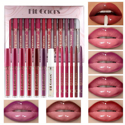 Lip Liner and Lip Gloss Kit 13 Piece Matte Non-Stick Waterproof Pigmented Long-Lasting Moisturizing Lip Glaze Combo Set for Defined Glossy