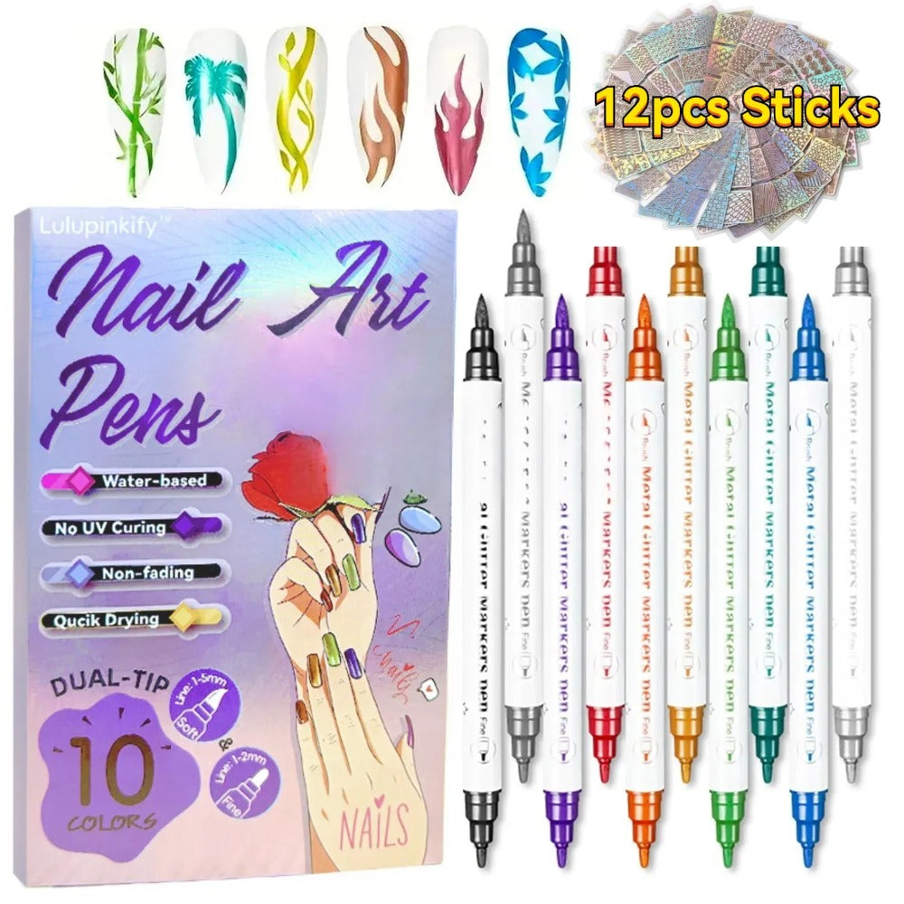 Nail Art Pens Set 10 Metallic Colors with 12pcs Nail Stickers – Dual-Headed 3D Acrylic Polish Markers for Doodle Dot Line Stitching Graffiti