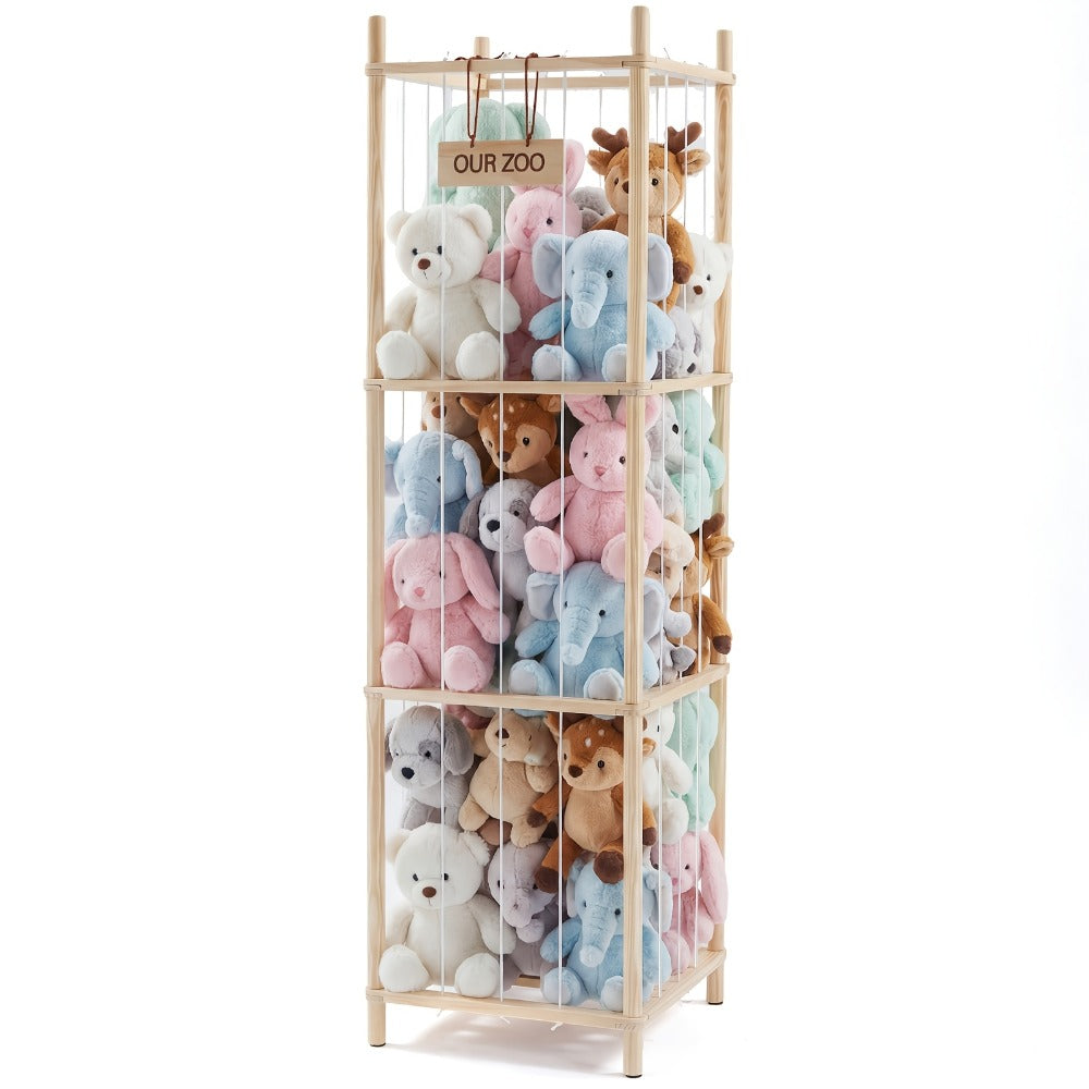Four-Tier Stuffed Animal Storage Organizer with Rectangular Open Frame in Natural, White or Pink