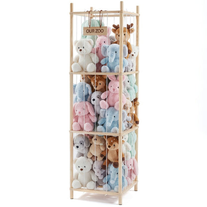 Four-Tier Stuffed Animal Storage Organizer with Rectangular Open Frame in Natural, White or Pink