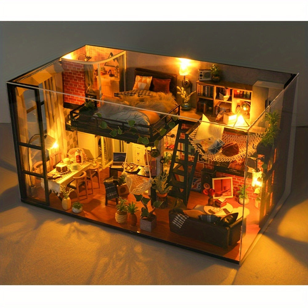 DIY Dollhouse Kit 2 Story with Dust Cover, Handmade Miniature House Model with Furniture Parts, No Glue No Batteries